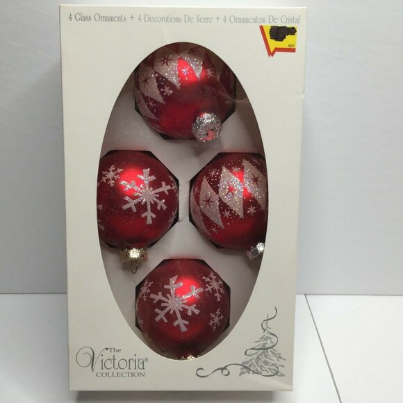 The Victoria Collection 4 Glass Red Ball Christmas Tree Ornaments Glitter Snow - Picture 1 of 6